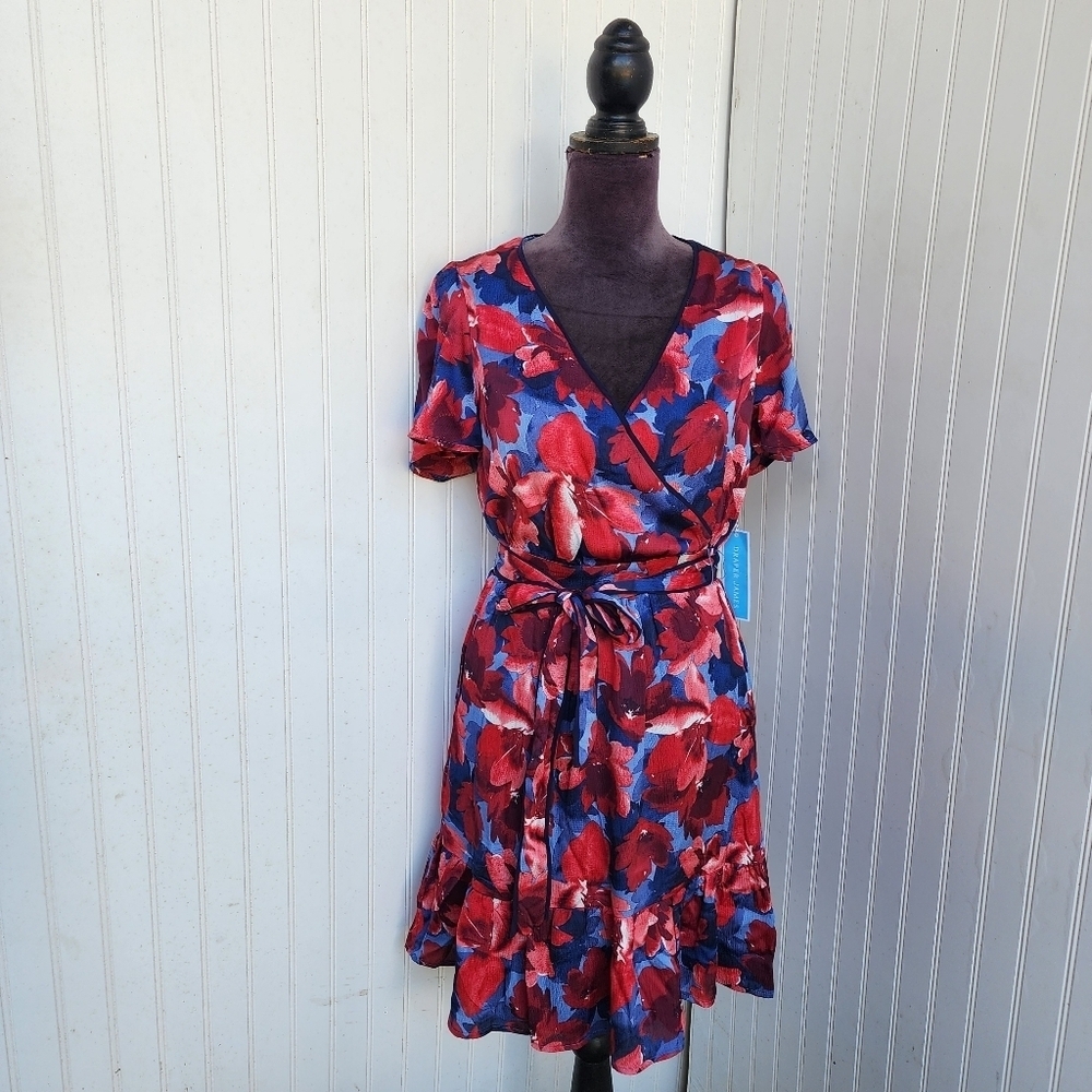 NWT $50 Draper James Flutter Sleeve Dress Blue Red Floral Women's Satin Sz XS